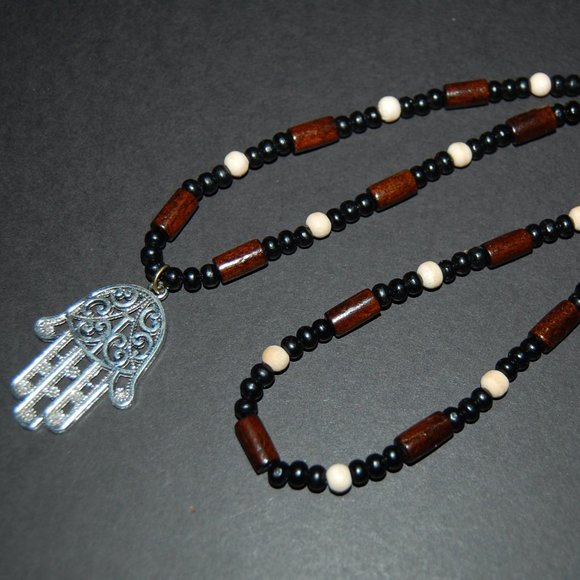 Hamsa Hand Necklace,Wood Necklace,Judaica Symbols,Kabbalah Necklace,Men Necklace - Picture 1 of 5